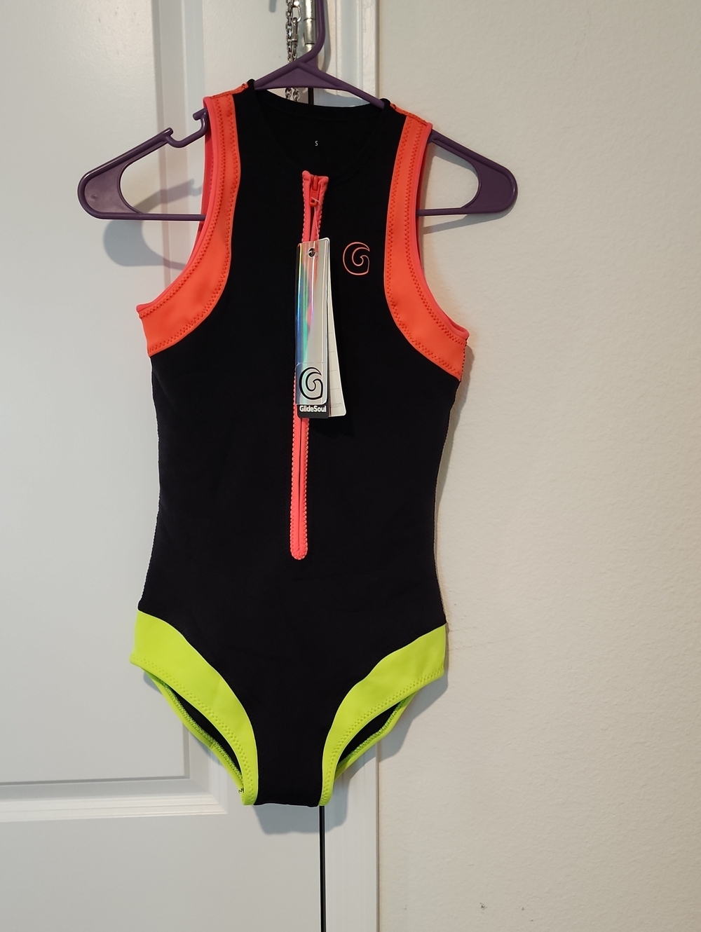 Girls' Black Swim Bodysuit with Neon Orange & Lime Accents